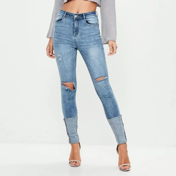 Missguided Denim - Women’s Light Washed High Waist Shredded Jeans, 4